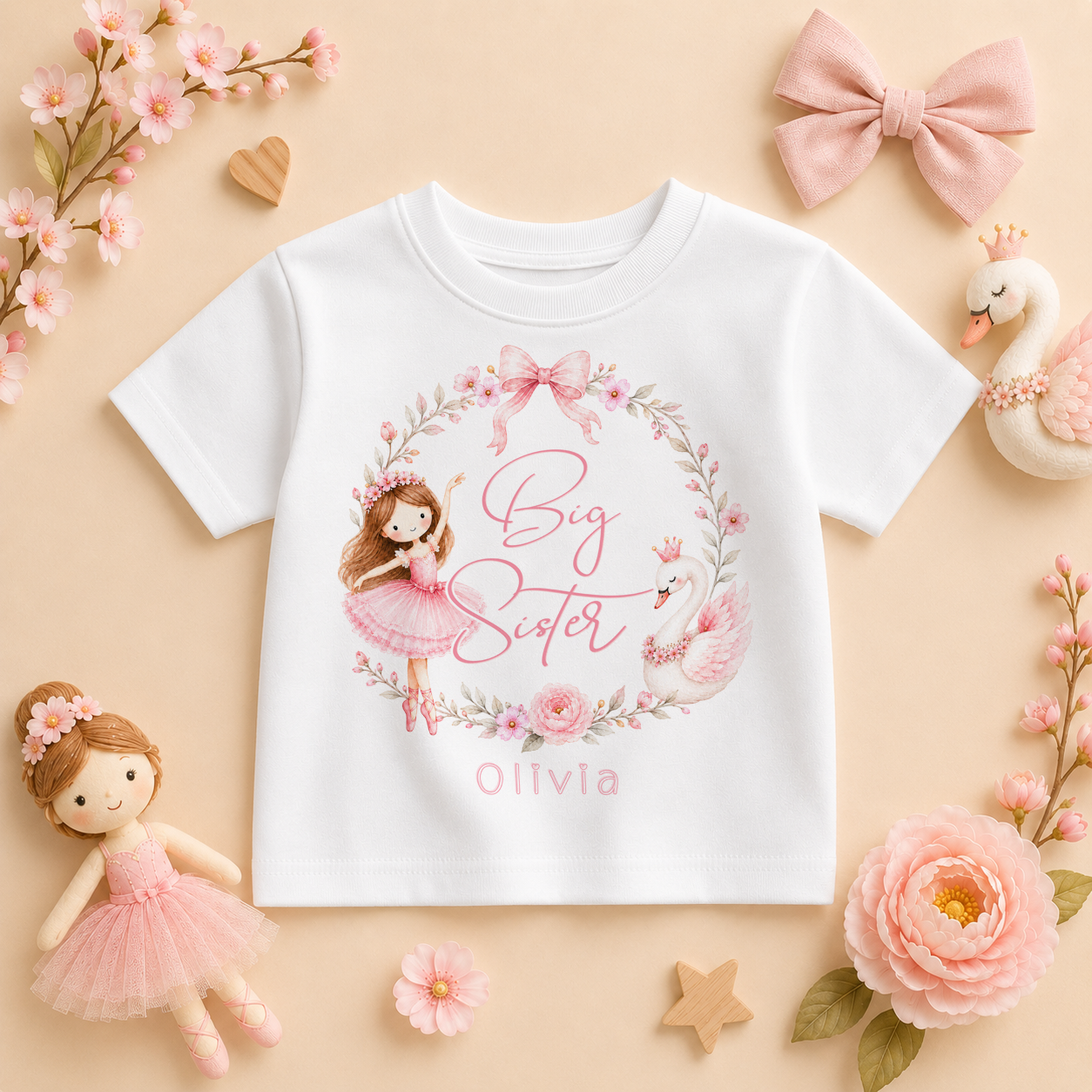 Big Sister - Personalised Big or Little Sister Ballerina Swan Kids T-Shirt for Girls, Pink Floral Wreath with Name
