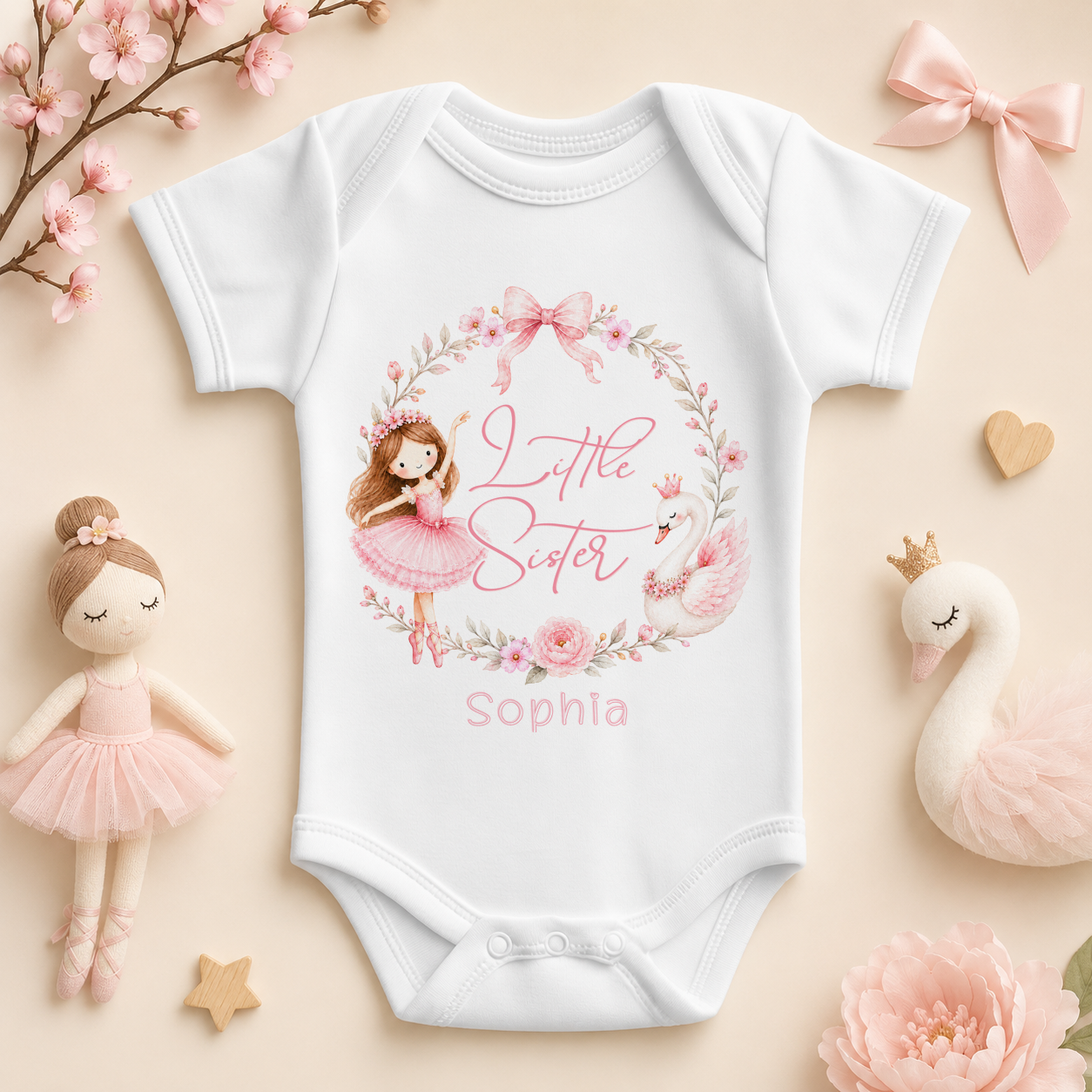 Personalised Little Sister Ballerina Swan Baby Vest Bodysuit, Pink Floral Wreath with Name