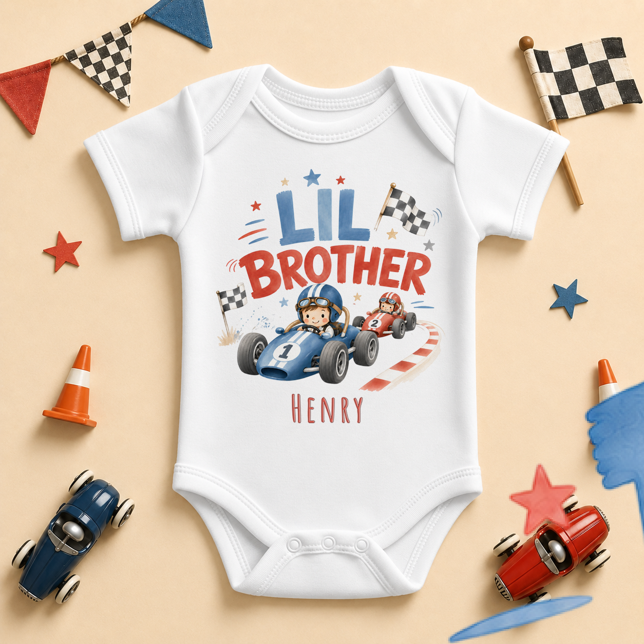 Personalised Lil Brother Baby Vest Bodysuit for Boys, Race Car with Name