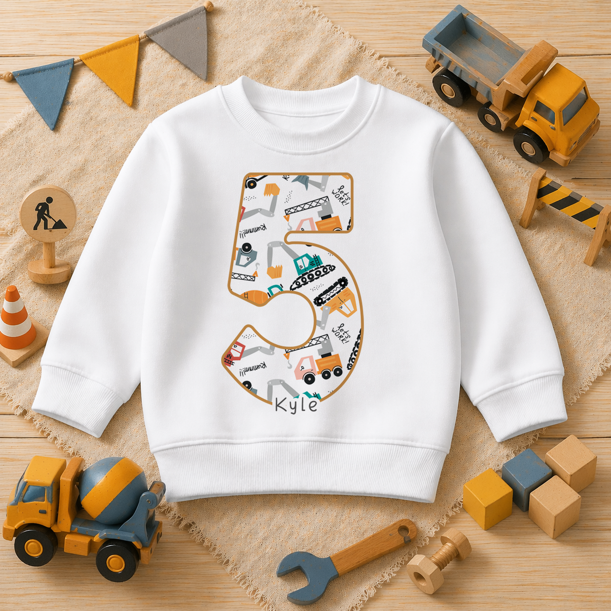 Personalised Name Kids Jumper 5th Birthday Construction Vehicles Excavator Crane Digger Number Five Gift Idea