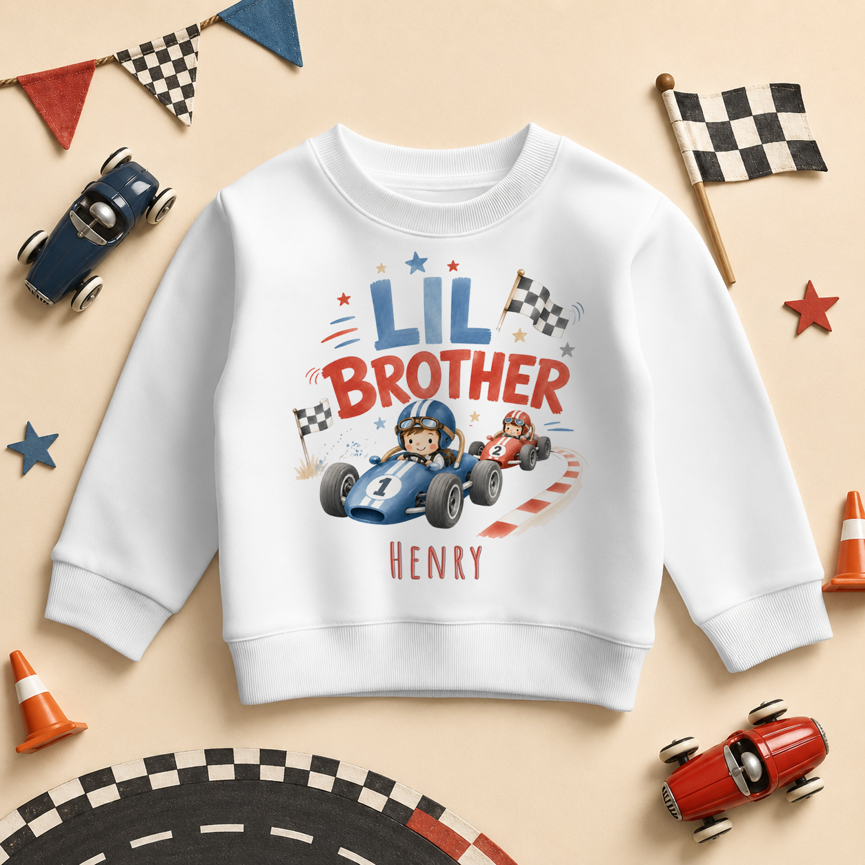 Lil Brother - Personalised Big or Lil Brother Kids Sweatshirt for Boys, Race Car with Name