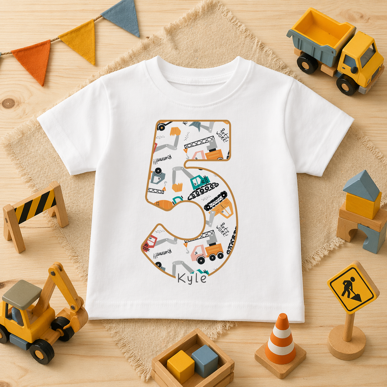 Personalised Name Kids T-Shirt 5th Birthday Construction Vehicles Excavator Crane Digger Number Five Gift Idea