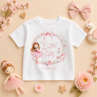 Little Sister - Personalised Big or Little Sister Ballerina Swan Kids T-Shirt for Girls, Pink Floral Wreath with Name