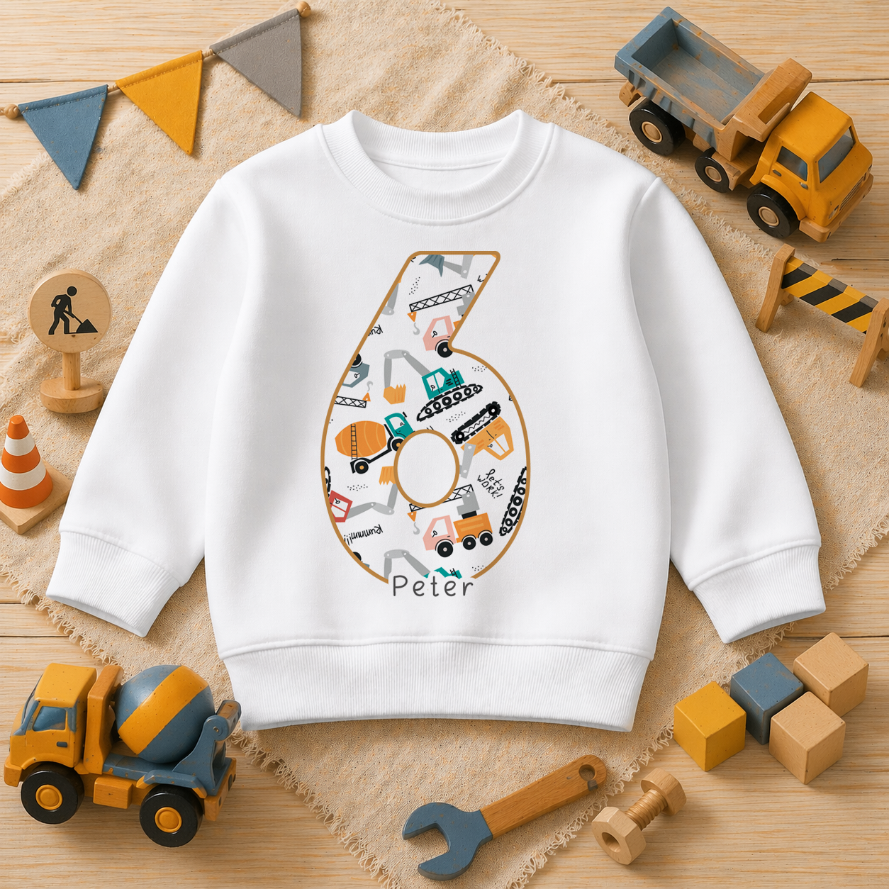 Personalised 6th Birthday Construction Vehicles Number Six Kids Sweatshirt for Boys