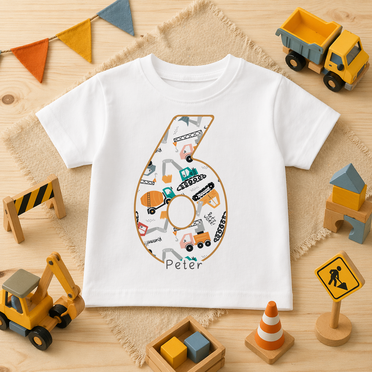 Personalised 6th Birthday Construction Vehicles Number Six Kids T-Shirt for Boys