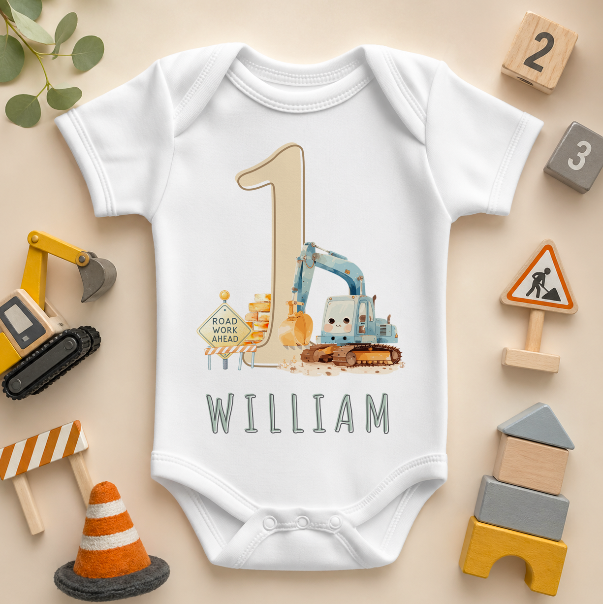 Personalised 1st Birthday Baby Vest Bodysuit Construction Digger Cake Smash