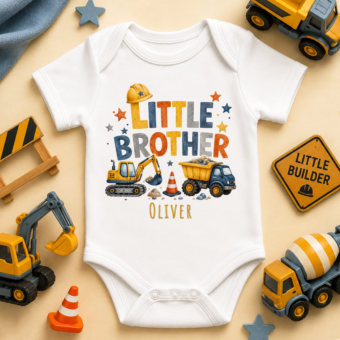 Personalised Little Brother Baby Vest Bodysuit for Boys, Construction Digger with Name