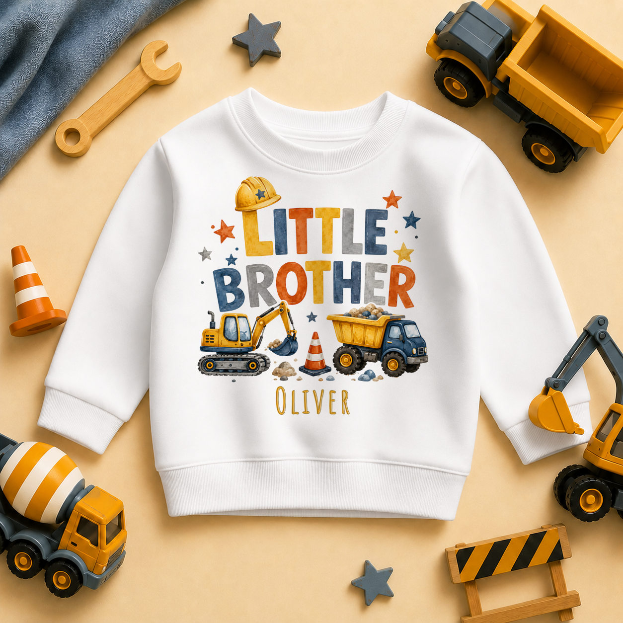 Little Brother - Personalised Big or Little Brother Kids Sweatshirt for Boys, Construction Digger with Name