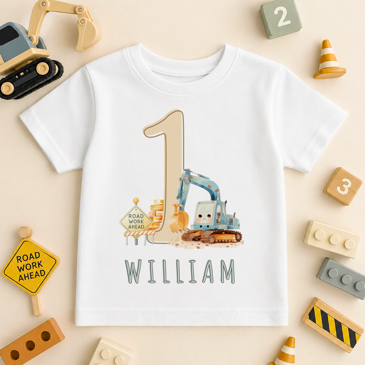 Personalised 1st Birthday Construction Digger Kids T-Shirt for Toddlers
