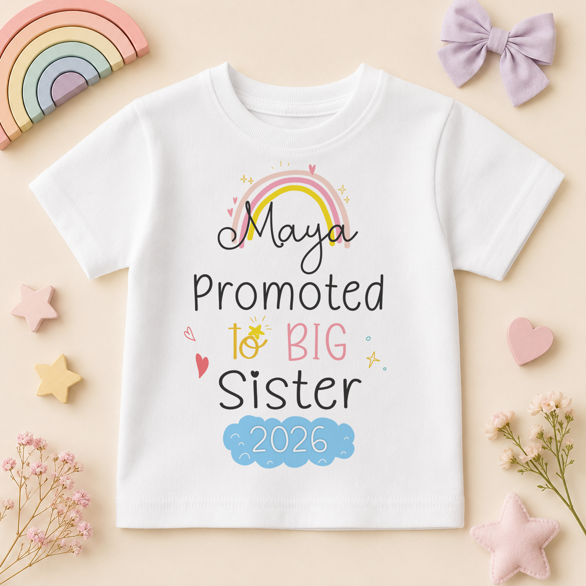 Personalised Promoted to Big Sister Kids T-Shirt for Girls, Rainbow and Cloud with Name and Date