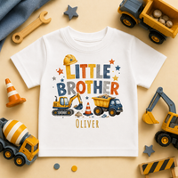 Little Brother - Personalised Big or Little Brother Kids T-Shirt for Boys, Construction Digger with Name