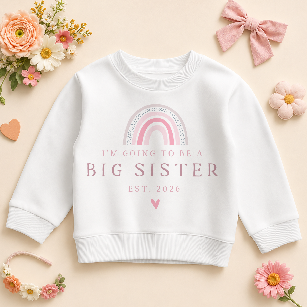 Personalised Going to be a Big Sister Kids Sweatshirt for Girls, Boho Rainbow with Year