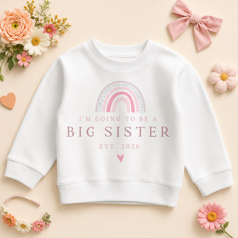 Personalised Going to be a Big Sister Kids Sweatshirt for Girls, Boho Rainbow with Year