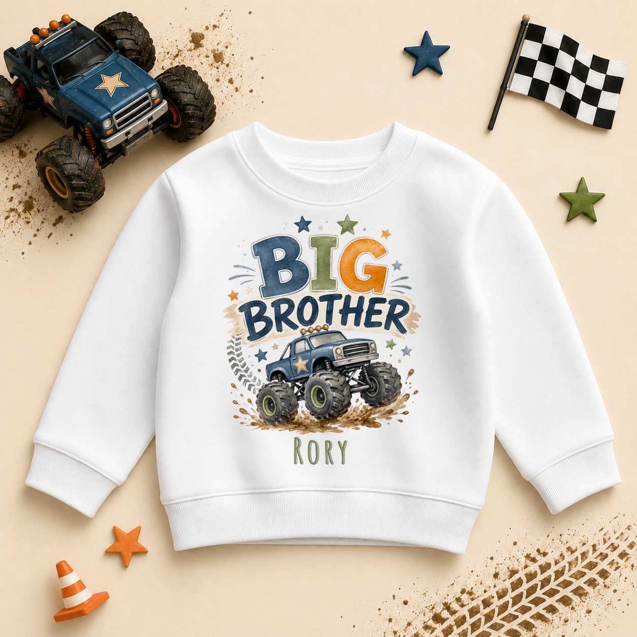 Big Brother - Personalised Big or Lil Brother Kids Sweatshirt for Boys, Monster Truck with Name