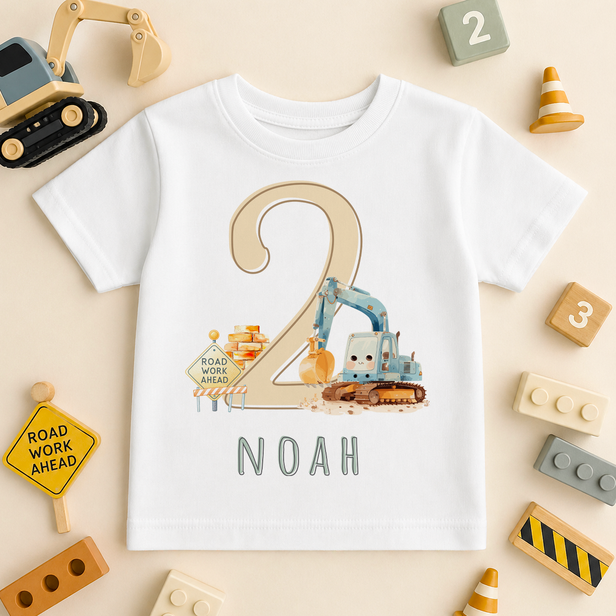 Personalised 2nd Birthday T-Shirt Construction Digger for Toddlers and Kids