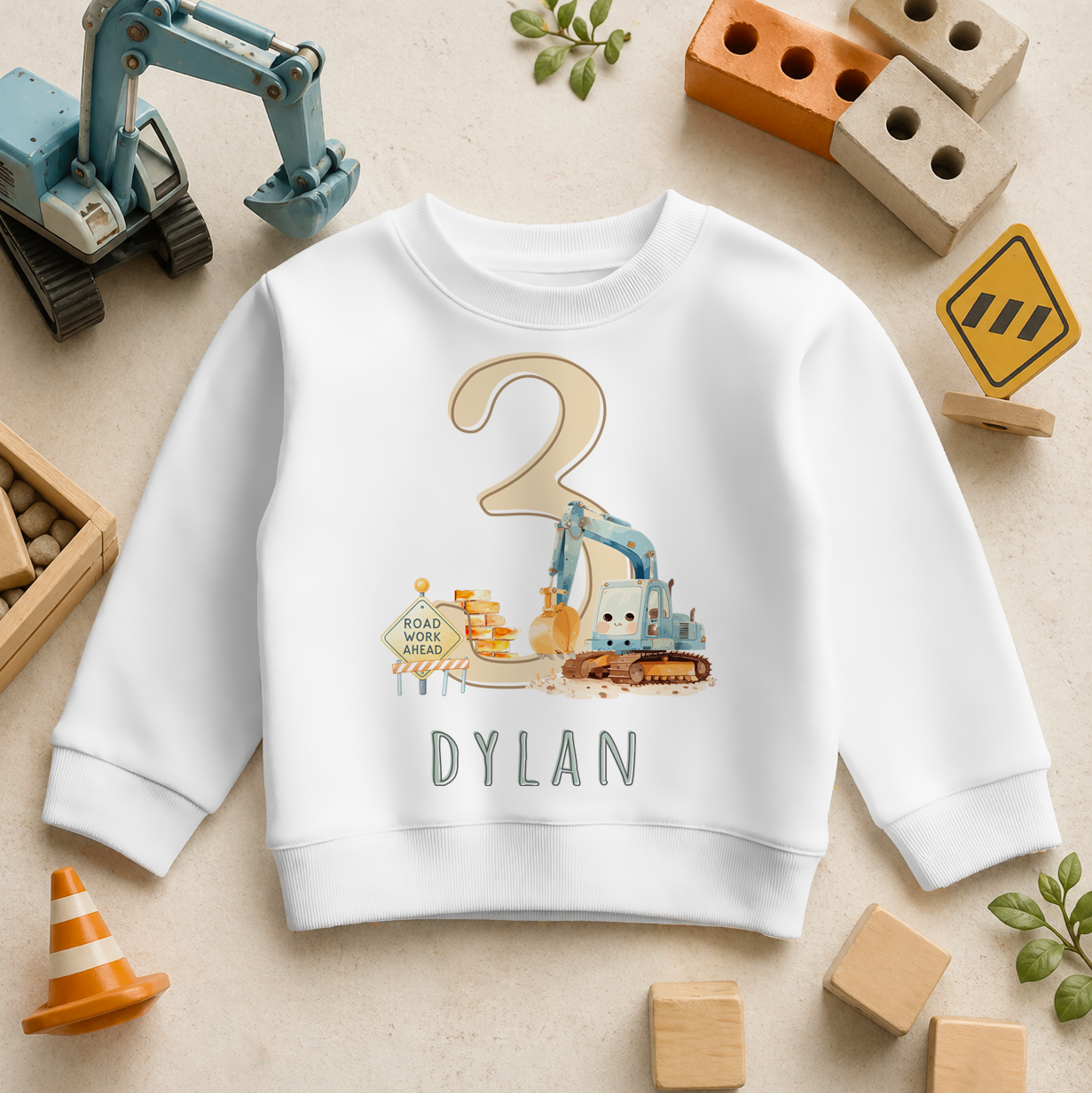 Personalised 3rd Birthday Sweatshirt Construction Digger for Kids