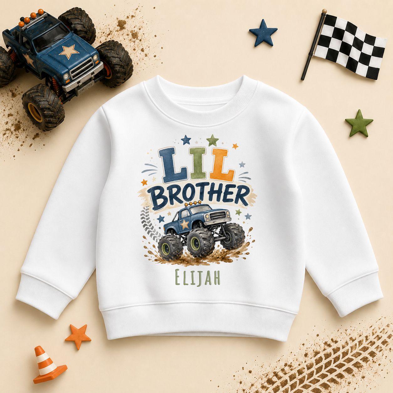 Lil Brother - Personalised Big or Lil Brother Kids Sweatshirt for Boys, Monster Truck with Name