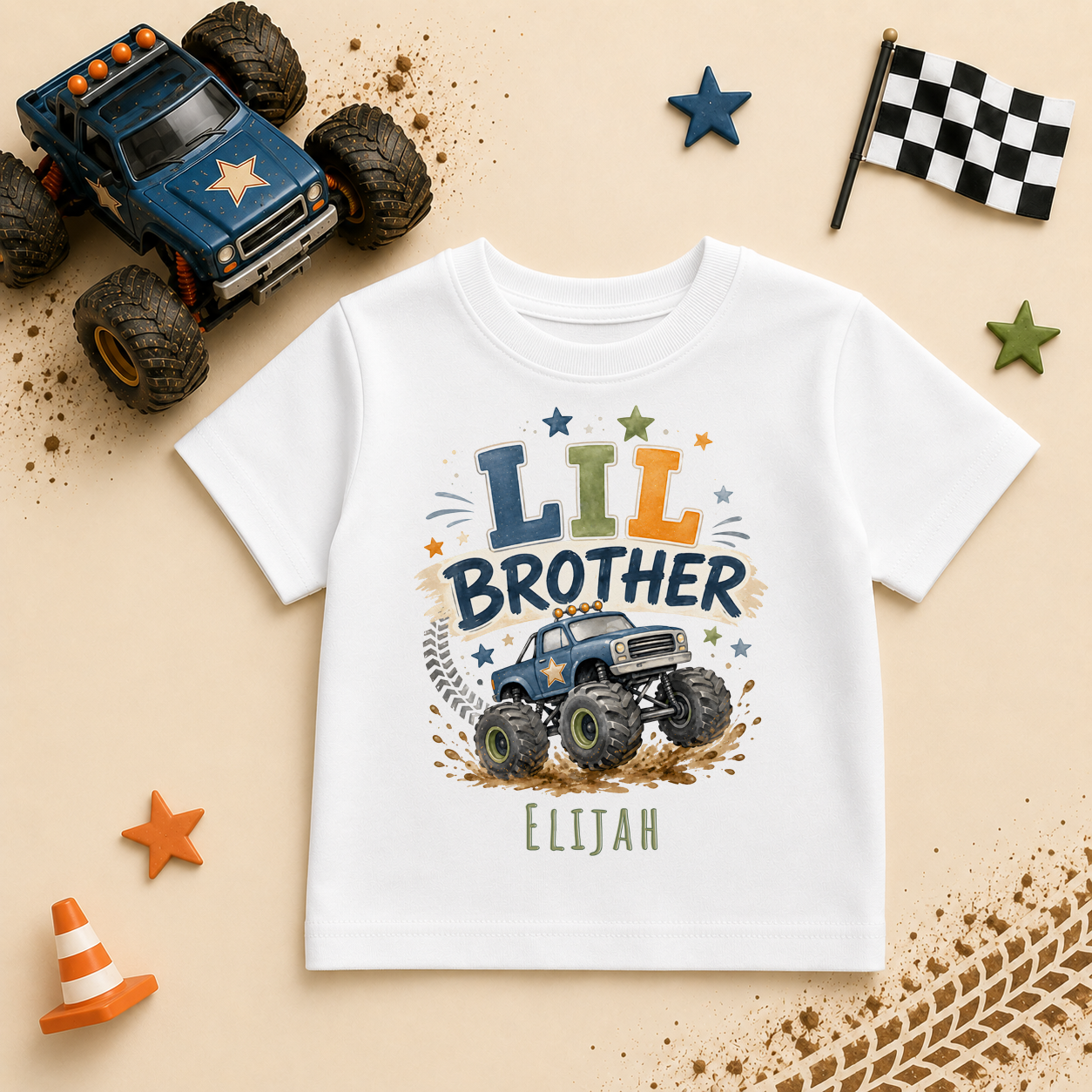 Lil Brother - Personalised Big or Lil Brother Kids T-Shirt for Boys, Monster Truck with Name