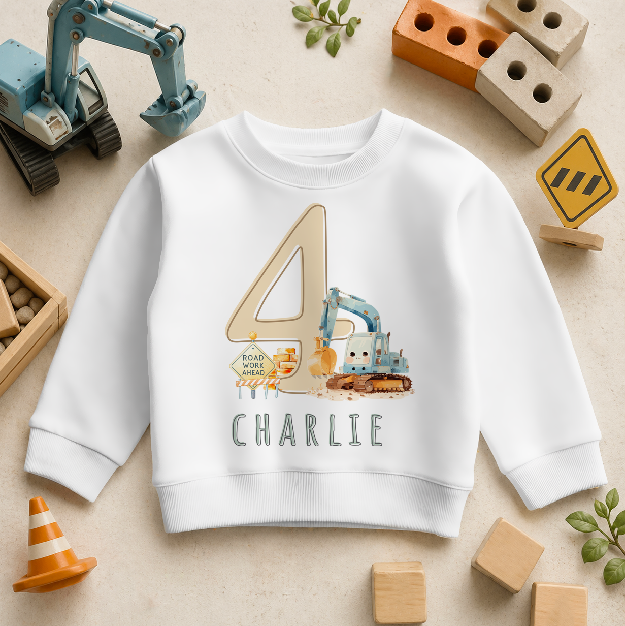 Personalised 4th Birthday Sweatshirt Construction Digger for Kids
