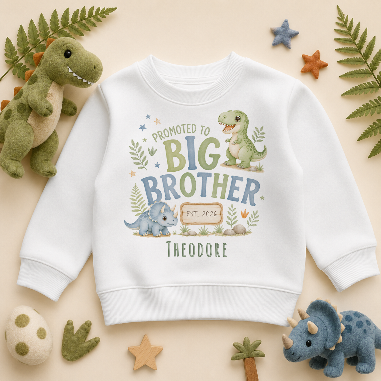 Personalised Promoted to Big Brother Kids Sweatshirt for Boys, Watercolour Dinosaurs with Name and Date