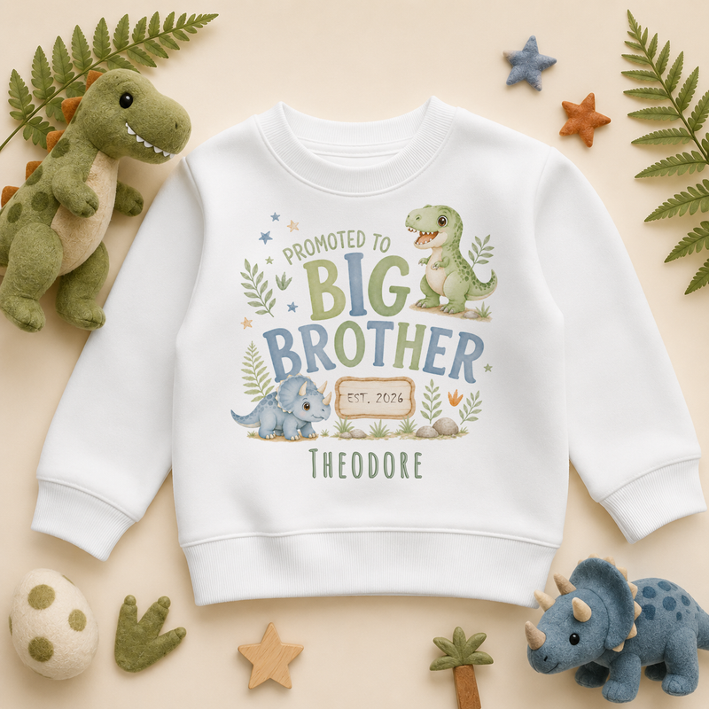 Personalised Promoted to Big Brother Kids Sweatshirt for Boys, Watercolour Dinosaurs with Name and Date