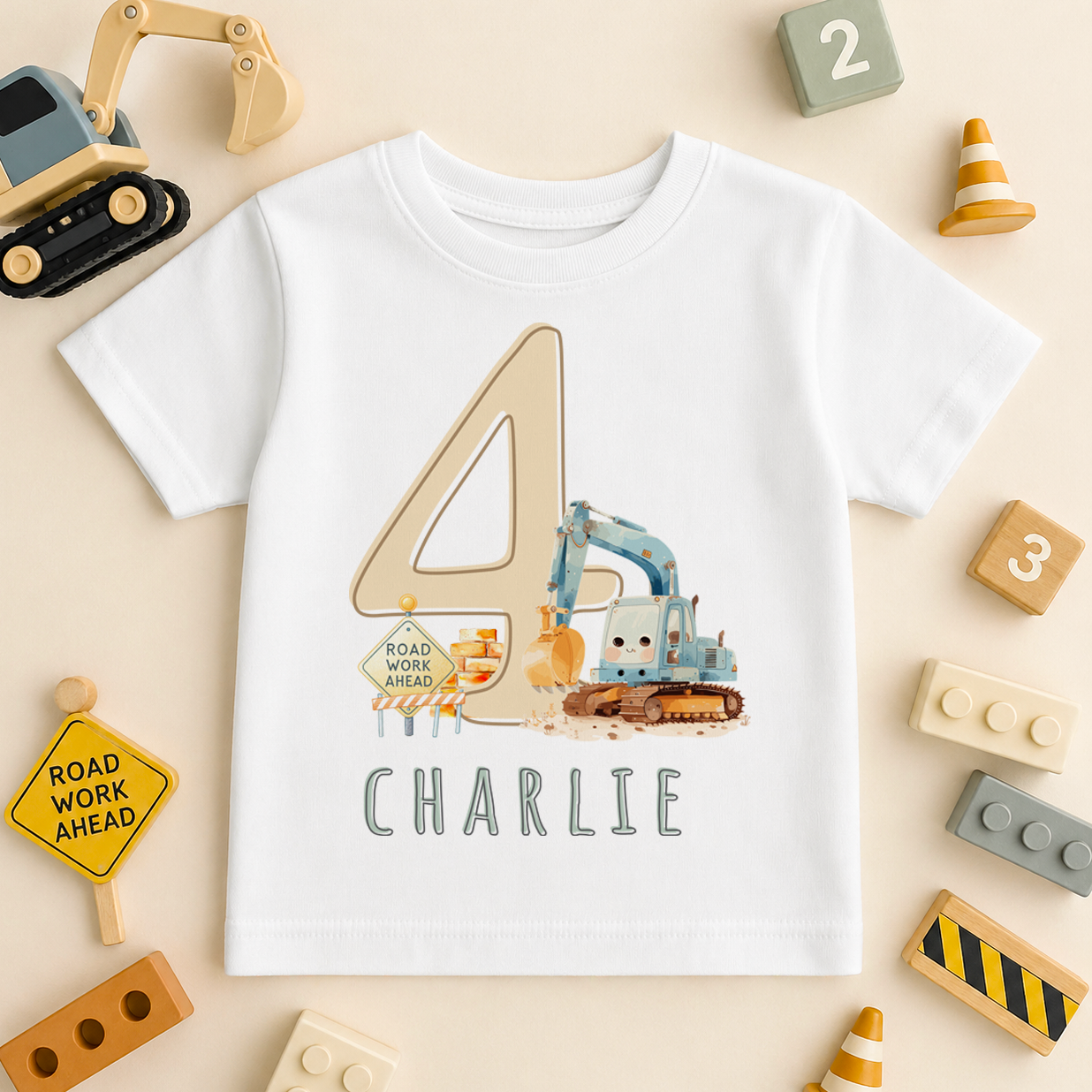 Personalised 4th Birthday T-Shirt Construction Digger for Kids