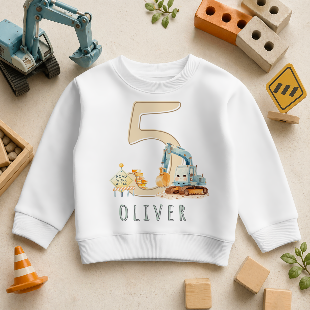 Personalised 5th Birthday Sweatshirt Construction Digger for Kids