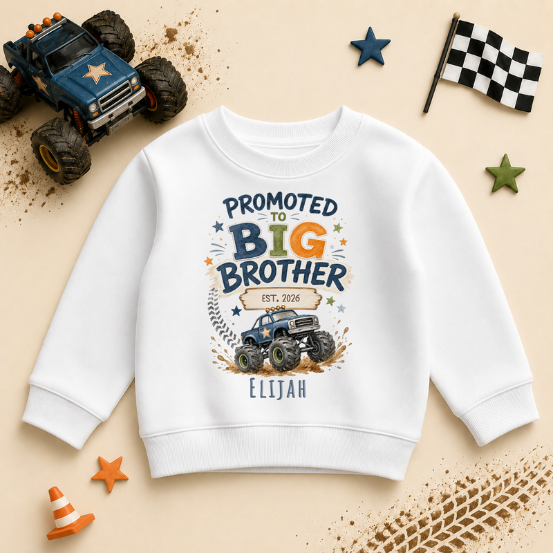 Personalised Promoted to Big Brother Kids Sweatshirt for Boys, Monster Truck with Name and Date