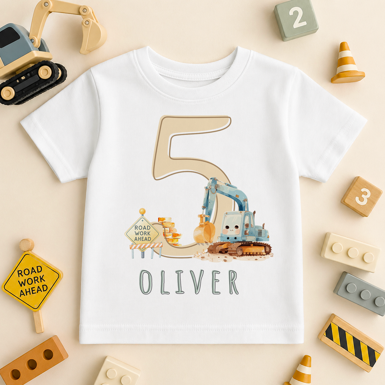 Personalised 5th Birthday T-Shirt Construction Digger for Kids