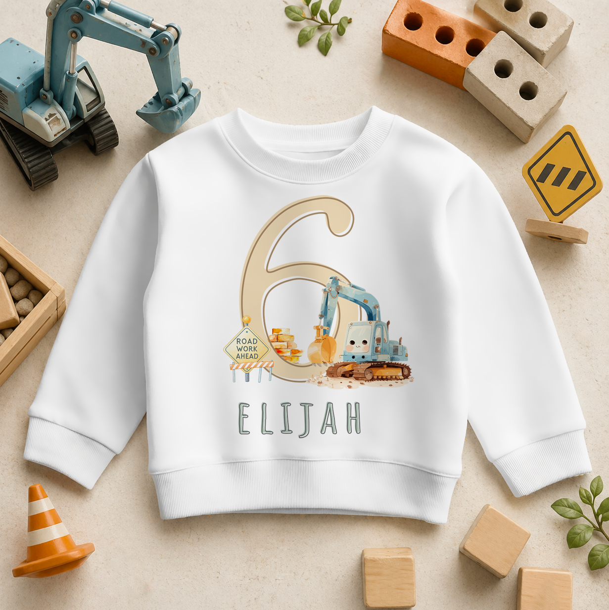 Personalised 6th Birthday Sweatshirt Construction Digger for Kids