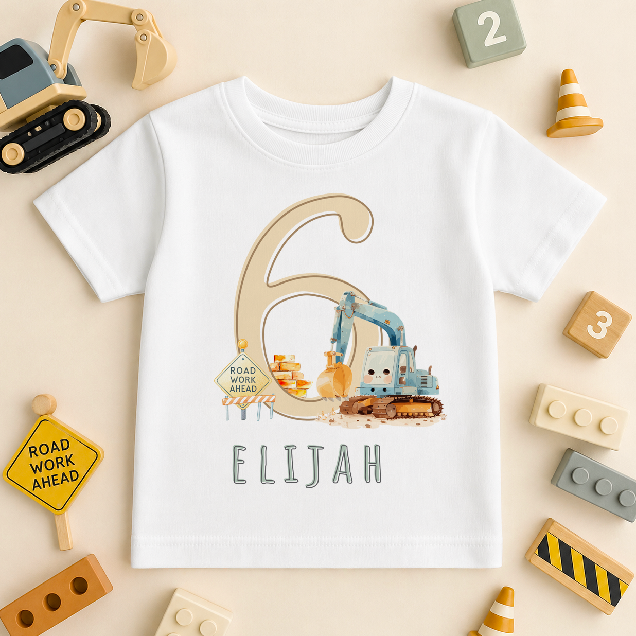 Personalised 6th Birthday T-Shirt Construction Digger for Kids
