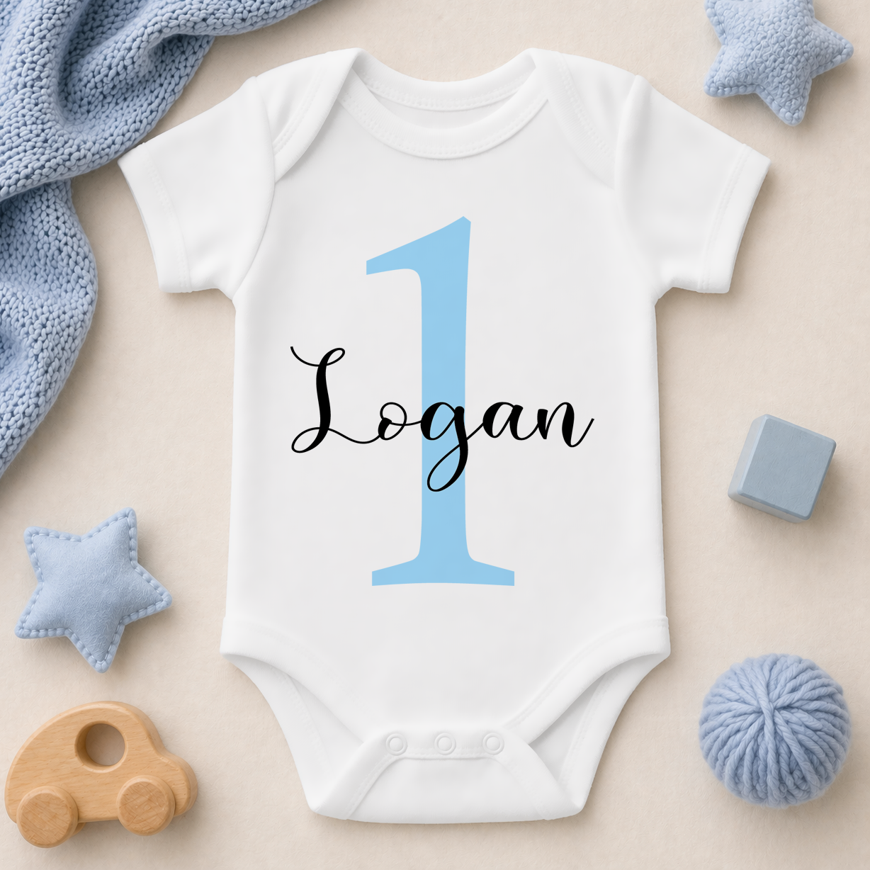 Personalised Baby 1st Birthday Light Blue Number Baby Vest Bodysuit for Boys