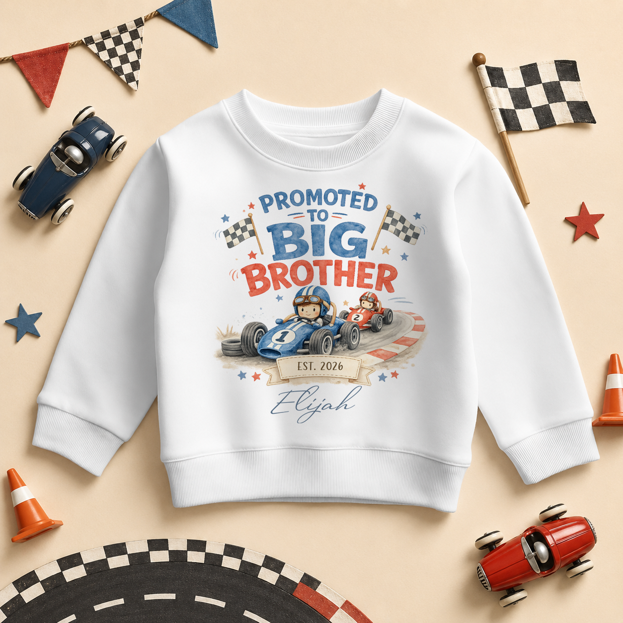 Personalised Promoted to Big Brother Kids Sweatshirt for Boys, Race Car with Name and Date
