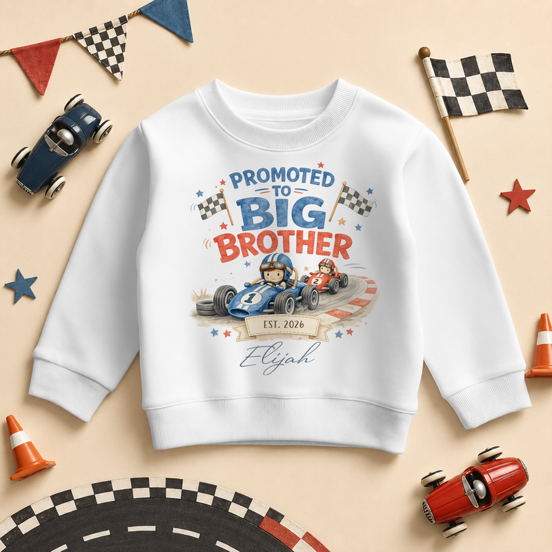 Personalised Promoted to Big Brother Kids Sweatshirt for Boys, Race Car with Name and Date