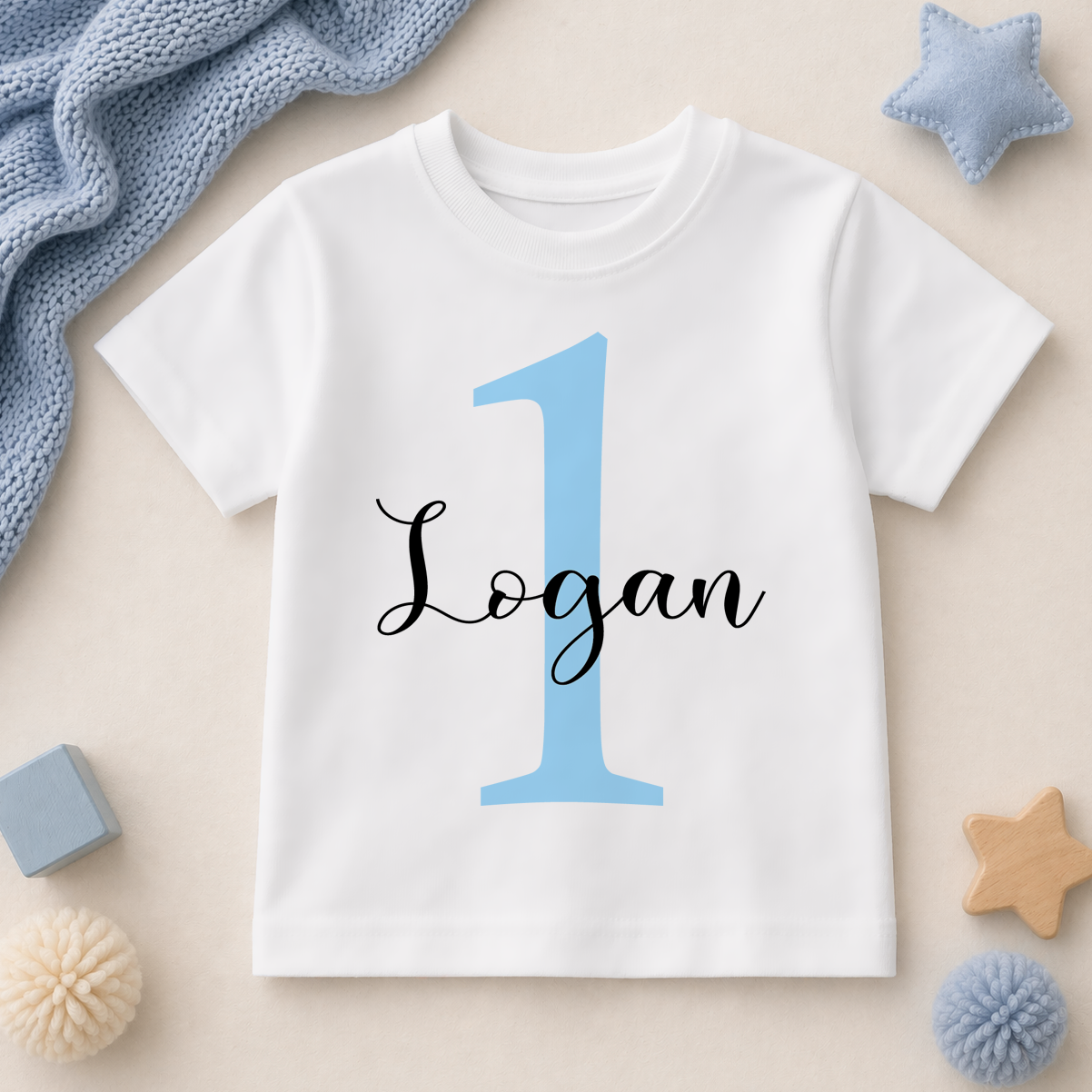 Personalised Name Kids T-Shirt 1st Birthday Number One Script Lettering Blue Celebration for Toddler Gift