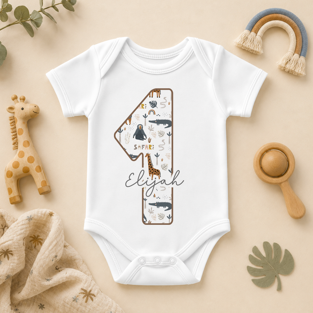 Personalised Name Baby Vest Bodysuit 1st Birthday Safari Giraffe Crocodile Animals for Newborn Shower Gift