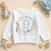 Big Brother - Personalised Big or Little Brother Initial Letter Kids Sweatshirt for Boys, Bunny and Floral Wreath with Name