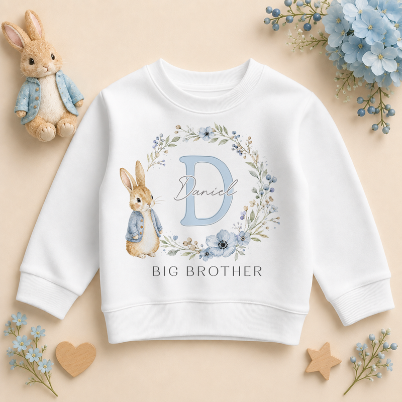 Big Brother - Personalised Big or Little Brother Initial Letter Kids Sweatshirt for Boys, Bunny and Floral Wreath with Name