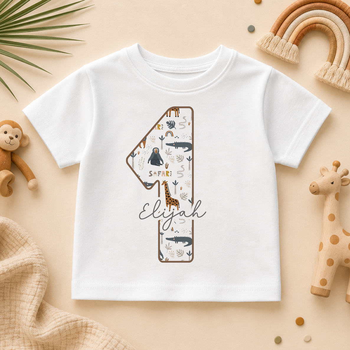 Personalised Name Kids T-Shirt 1st Birthday Safari Number Giraffe Zebra Crocodile for Toddler Birthday Gift