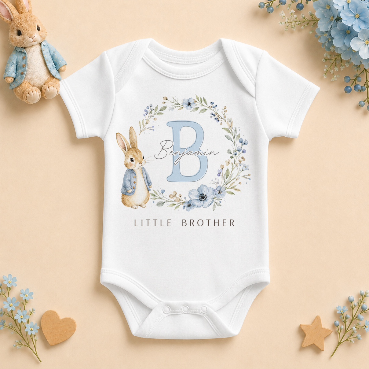 Personalised Little Brother Baby Vest Bodysuit for Boys, Bunny and Floral Wreath Initial Letter with Name