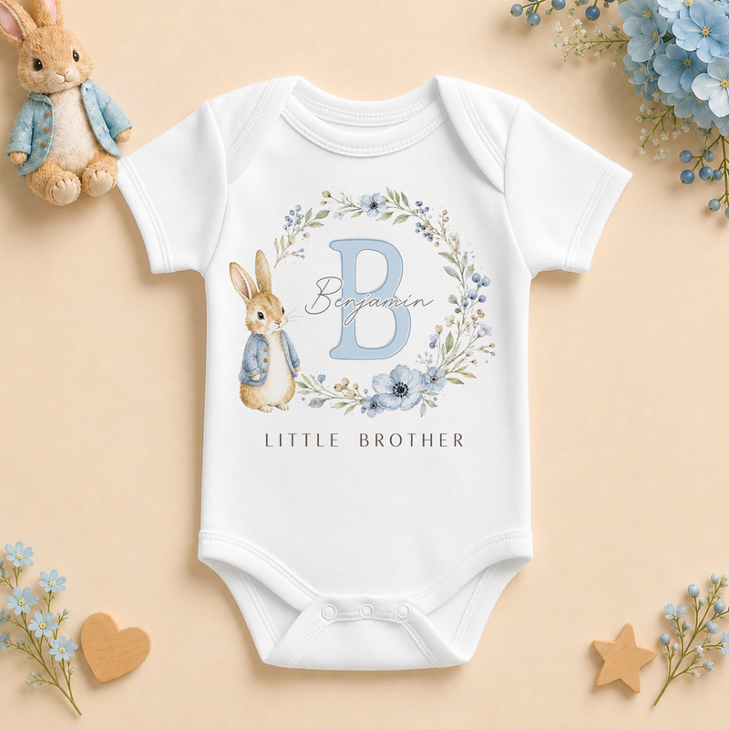 Personalised Little Brother Baby Vest Bodysuit for Boys, Bunny and Floral Wreath Initial Letter with Name