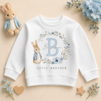 Little Brother - Personalised Big or Little Brother Initial Letter Kids Sweatshirt for Boys, Bunny and Floral Wreath with Name
