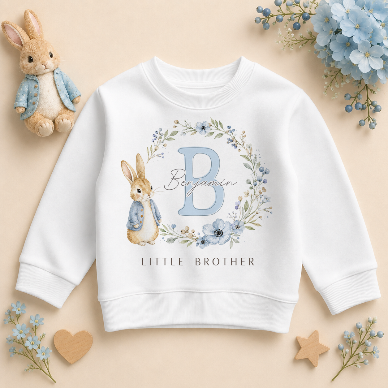 Little Brother - Personalised Big or Little Brother Initial Letter Kids Sweatshirt for Boys, Bunny and Floral Wreath with Name