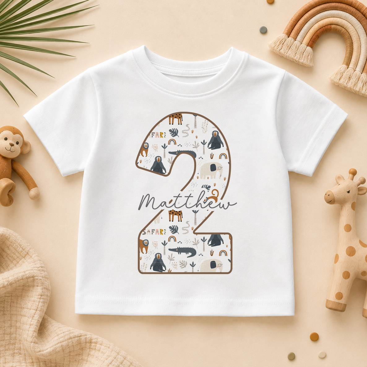 Personalised Name Kids T-Shirt 2nd Birthday Safari Animals Lion Gorilla Crocodile for Toddler Gift