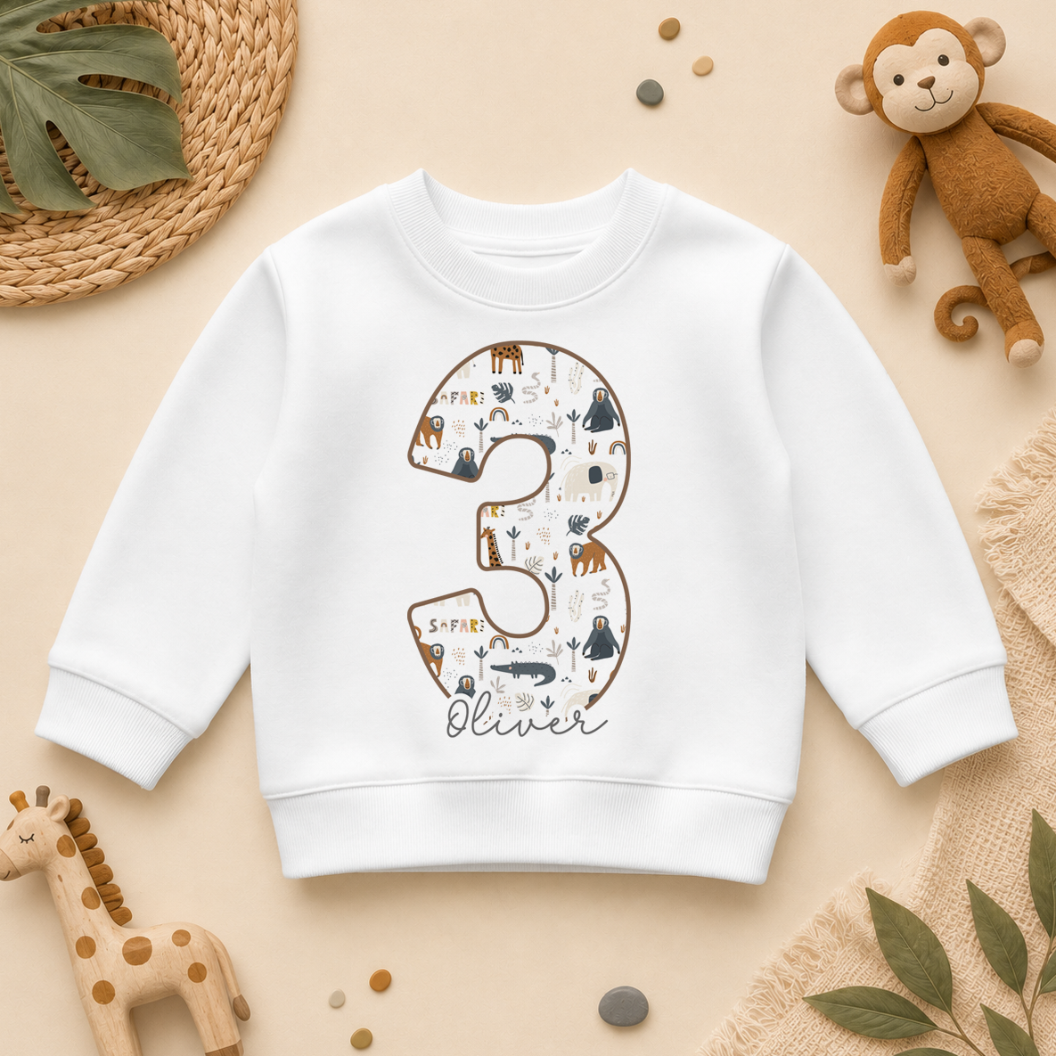 Personalised Name Kids Jumper 3rd Birthday Safari Animals Toddler Gift