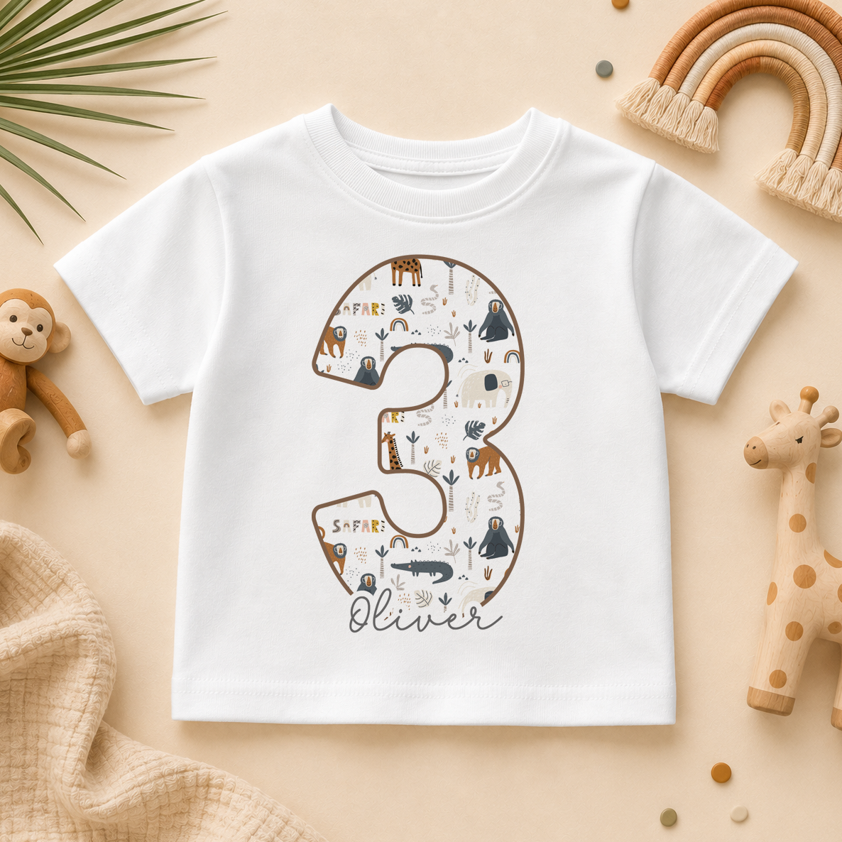 Personalised Name Kids T-Shirt 3rd Birthday Safari Animals Crown Green Number Toddler Gift