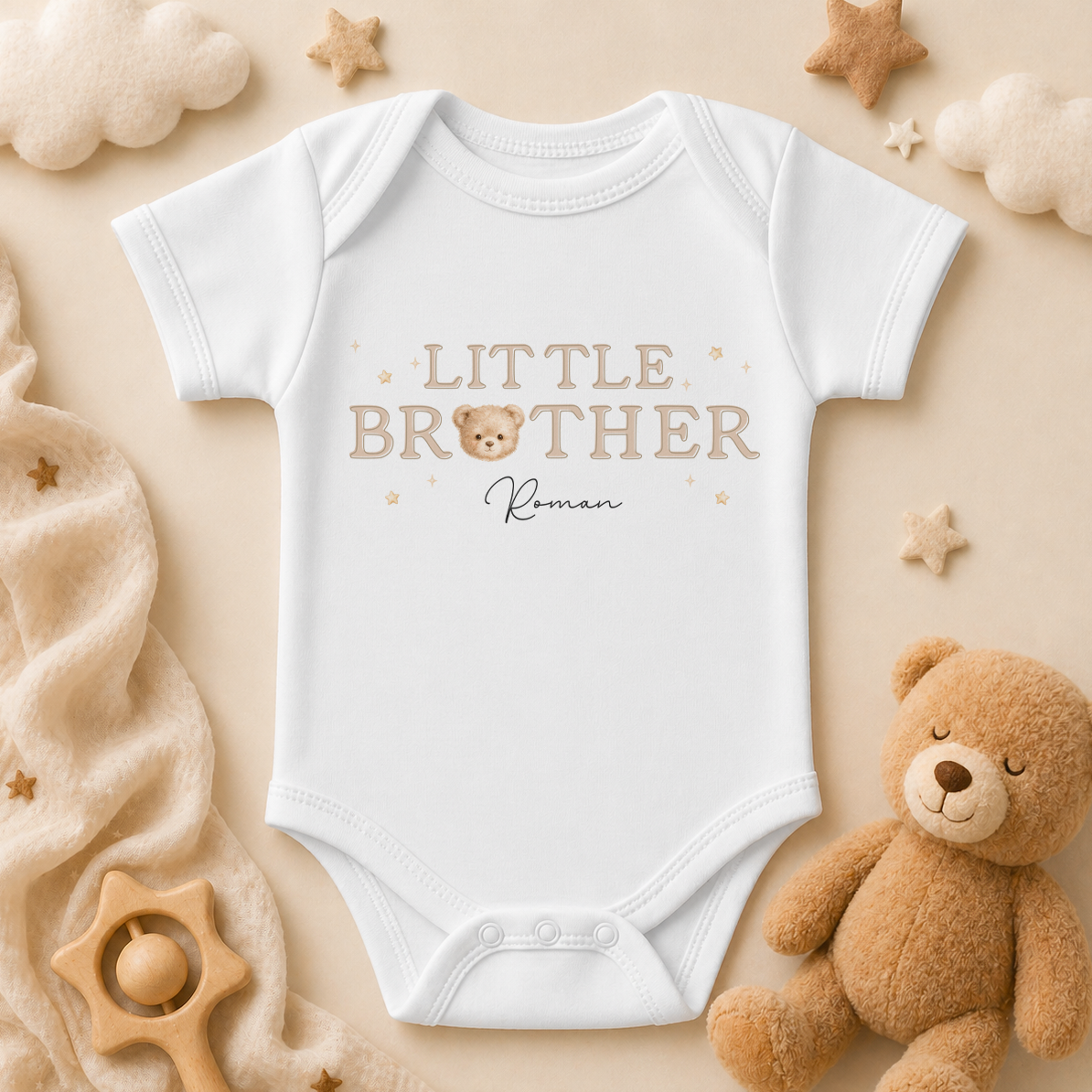 Personalised Little Brother Baby Vest Bodysuit for Boys, Teddy Bear with Name