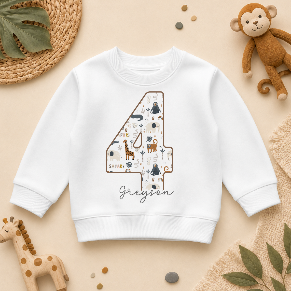 Personalised Name Kids Jumper 4th Birthday Safari Animals Giraffe Gift Idea