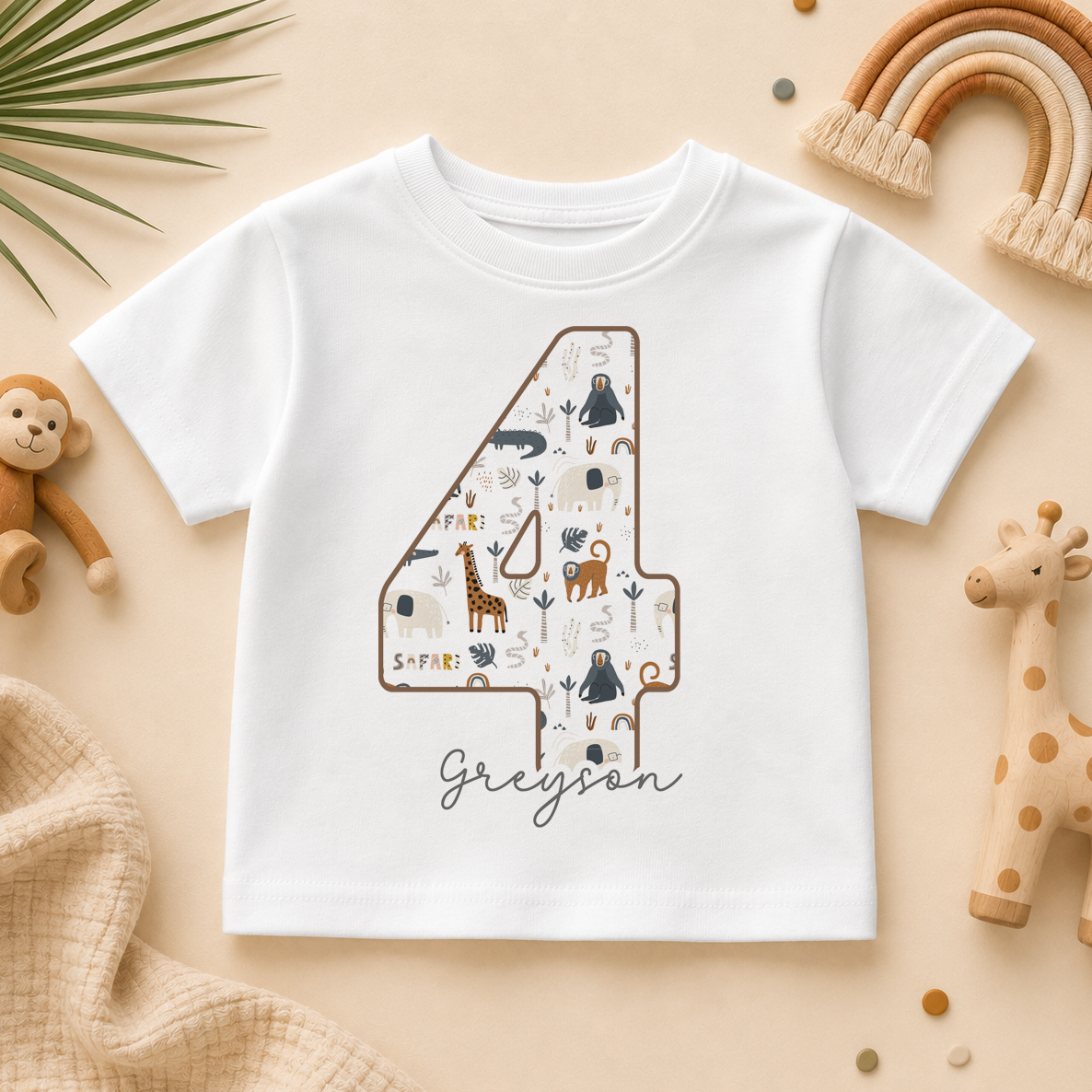 Personalised Name Kids T-Shirt 4th Birthday Safari Animals Giraffe Gift Idea