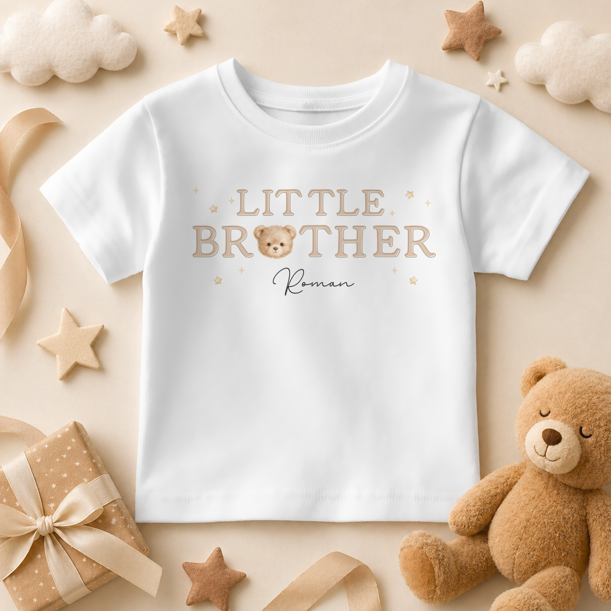 Little Brother - Personalised Big or Little Brother Kids T-Shirt for Boys, Teddy Bear with Name